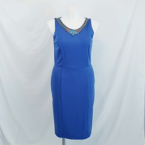 NWT Ashley Stewart Sleeveless Sheath Dress Beaded Neck Blue - Picture 1 of 10
